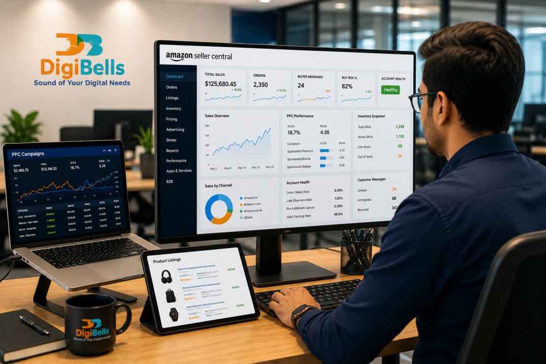 Amazon Account Management Services workspace showing Amazon Seller Central dashboard, product listing optimization, PPC campaign analytics, inventory management, and account health monitoring by DigiBells.