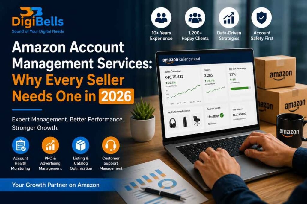 Amazon Account Management Services dashboard with Amazon Seller Central analytics, PPC management, listing optimization, and account health monitoring by DigiBells